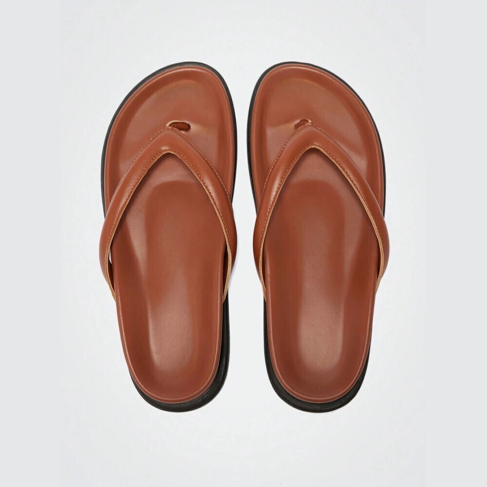 Cognac Brown Faux Leather Thong Strap Platform Flip Flop Sandals